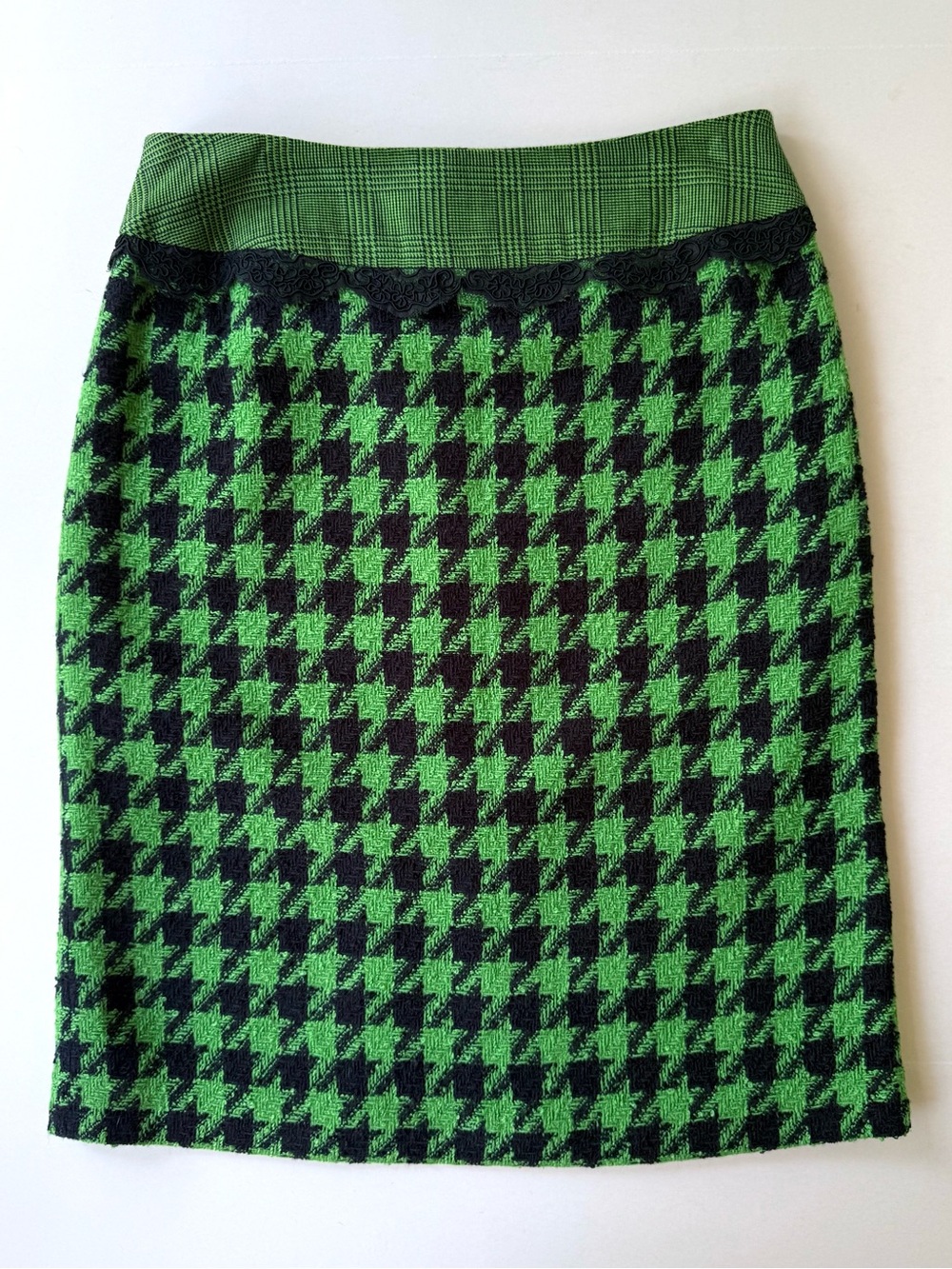 Victor Costa Vintage Houndstooth Check Tweed Pencil Skirt Bright Green & Black 6